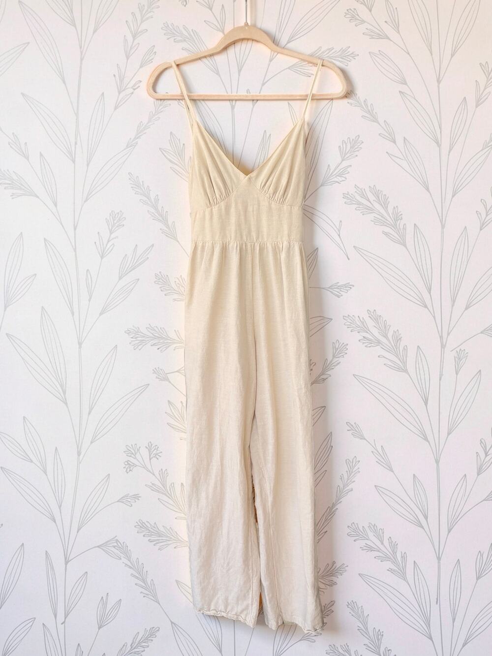 Japna Womens S Linen Blend Jumpsuit Cream Wide Leg Tie Back Boho Romper